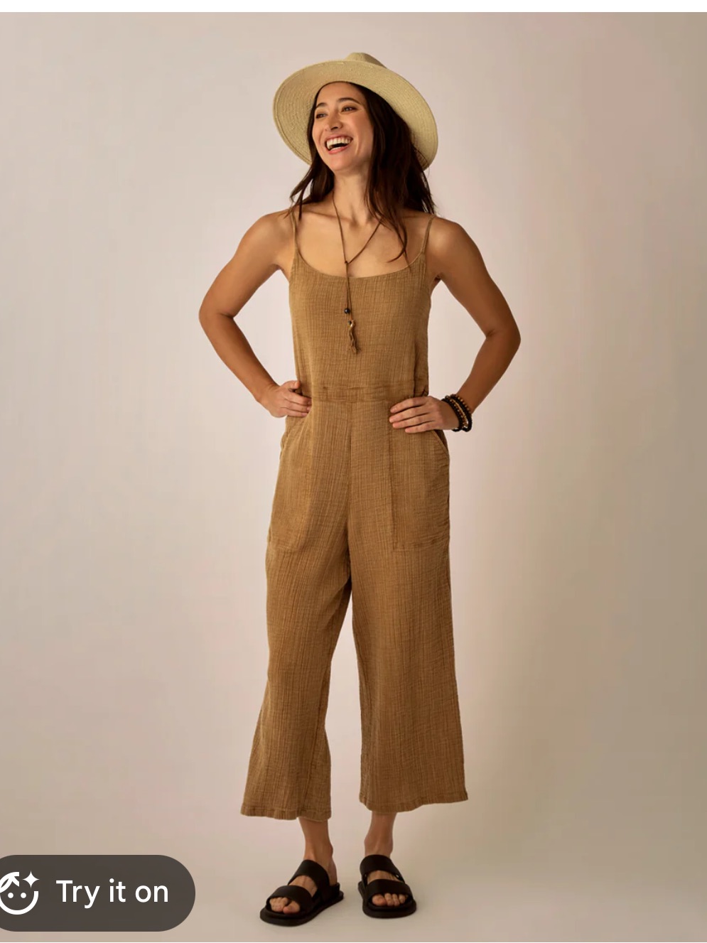 Kate Quinn Organic Cotton Gauze Golden Tan Spaghetti-Strap Jumpsuit Sz S